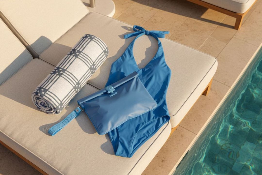 Riviera Wet Bag, swimsuit and towel on a sun lounger