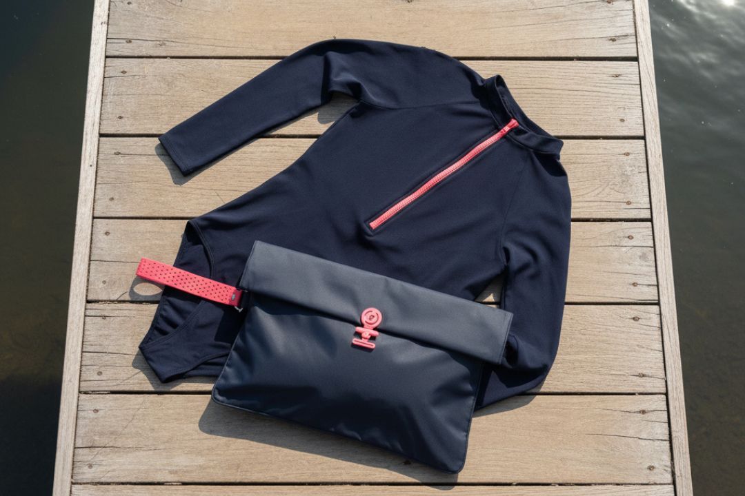 Maxi Midnight Neon Wet Bag and swimwear by a lake