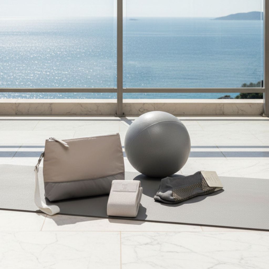 Pilates ball, socks, resistance band and pouch on a workout mat on a balcony