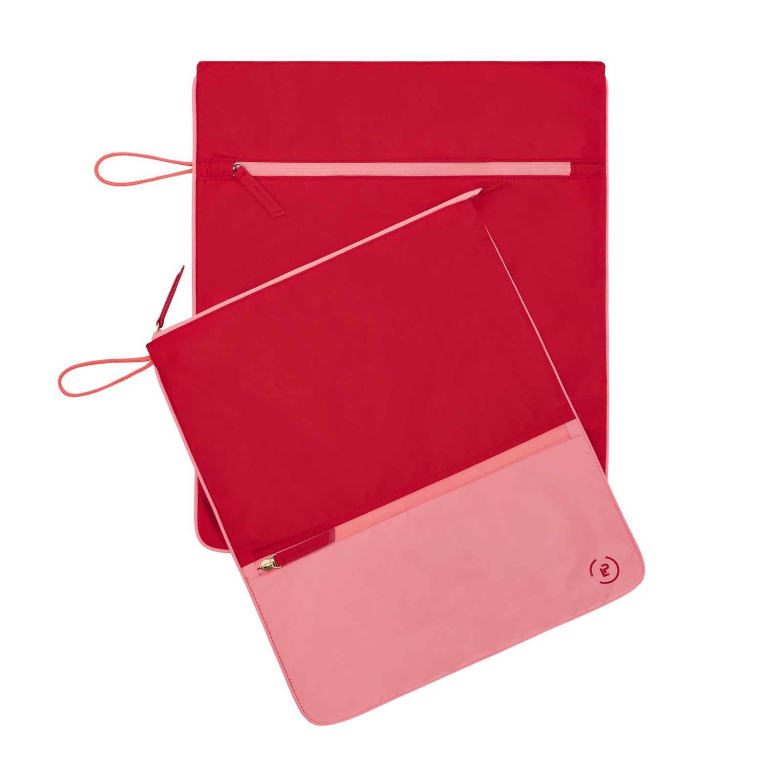 A La Pochette waterproof Kit Bag shown with a La Pochette antimicrobial sweat bag on top of it. Both in bright red and peony pink. On a white background