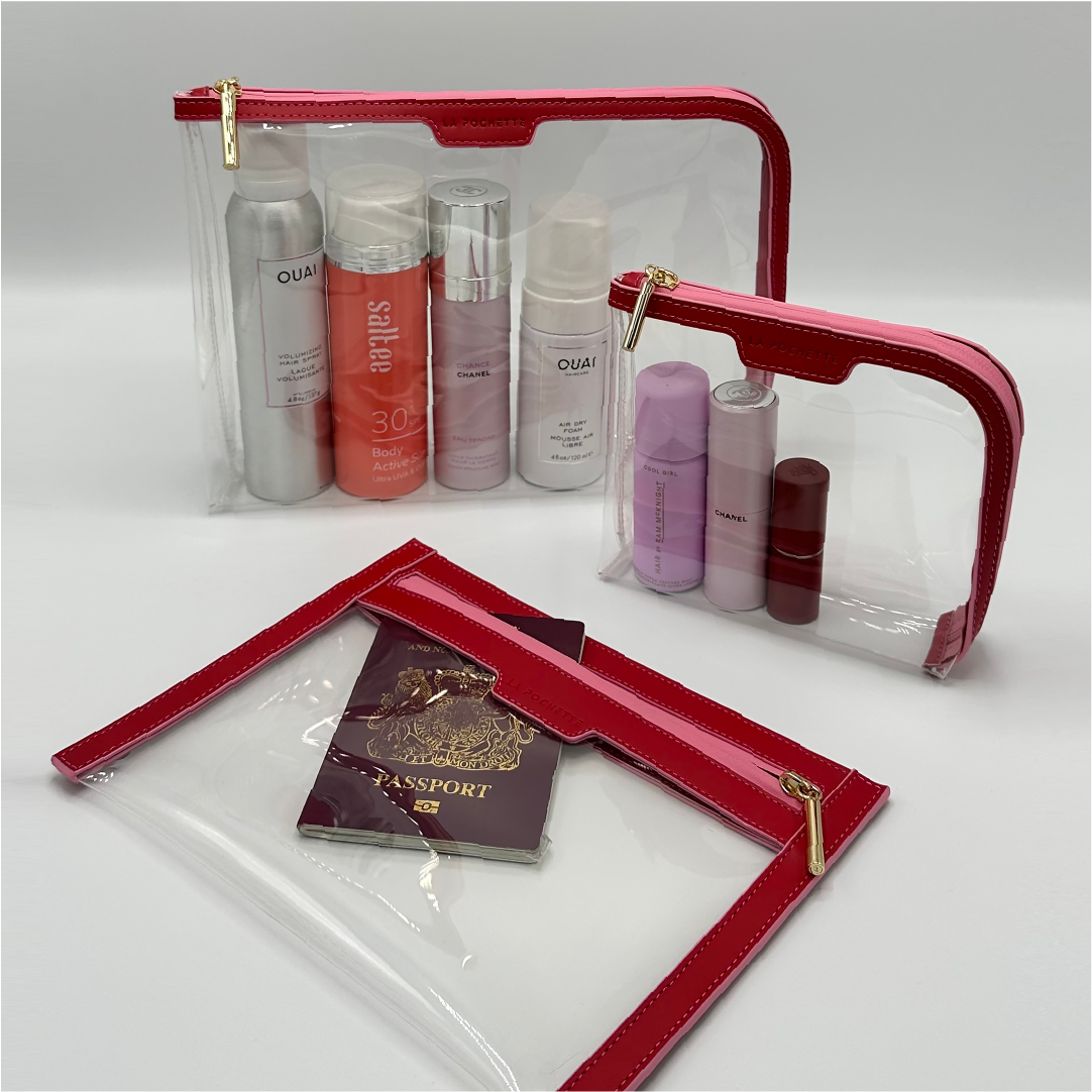 Anywhere Everywhere Collection Bundle in Chilli Peony  colourway featuring Anywhere Everywhere small, large, and wallet containing beauty products 