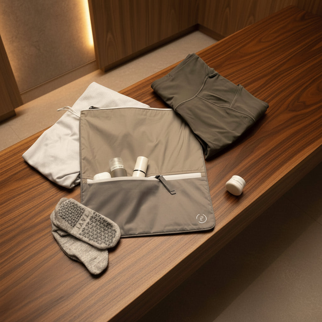 Linen Shadow Sweat bag shown with workout kit