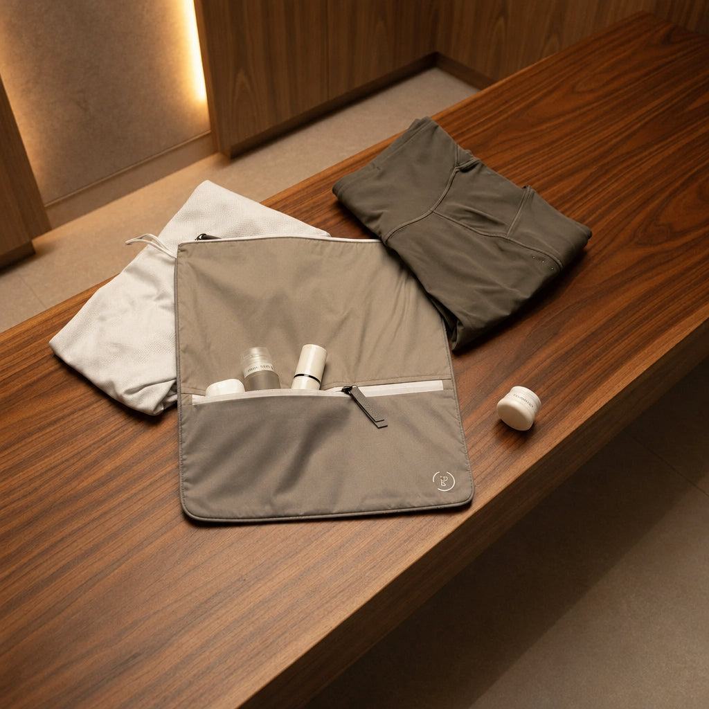 Sweat Bag in two-tone beige shown with gym kit, and post workout essentials on a changing room bench