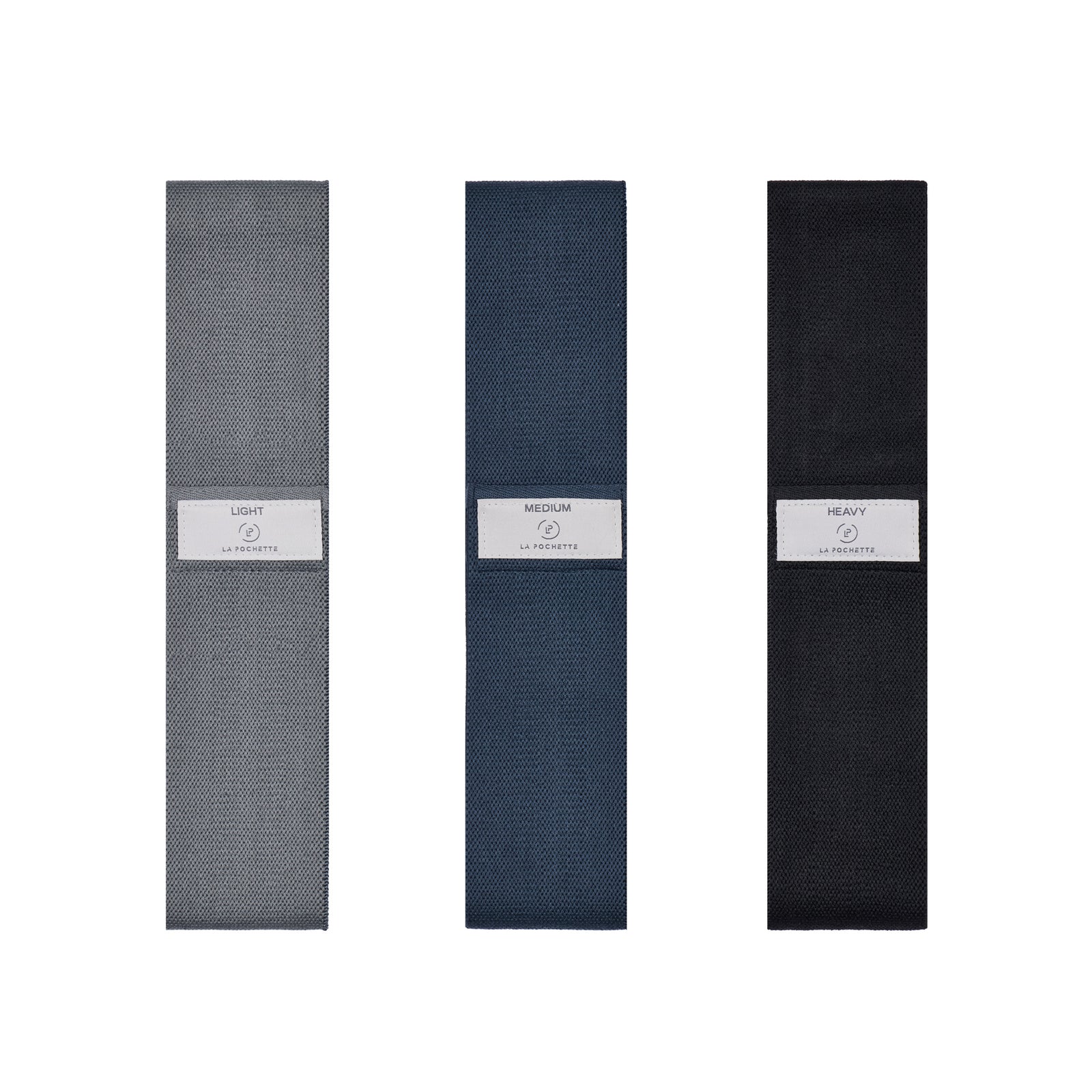 La Pochette resistance bands set of three in grey, navy and black correlating to light, medium and heavy strength
