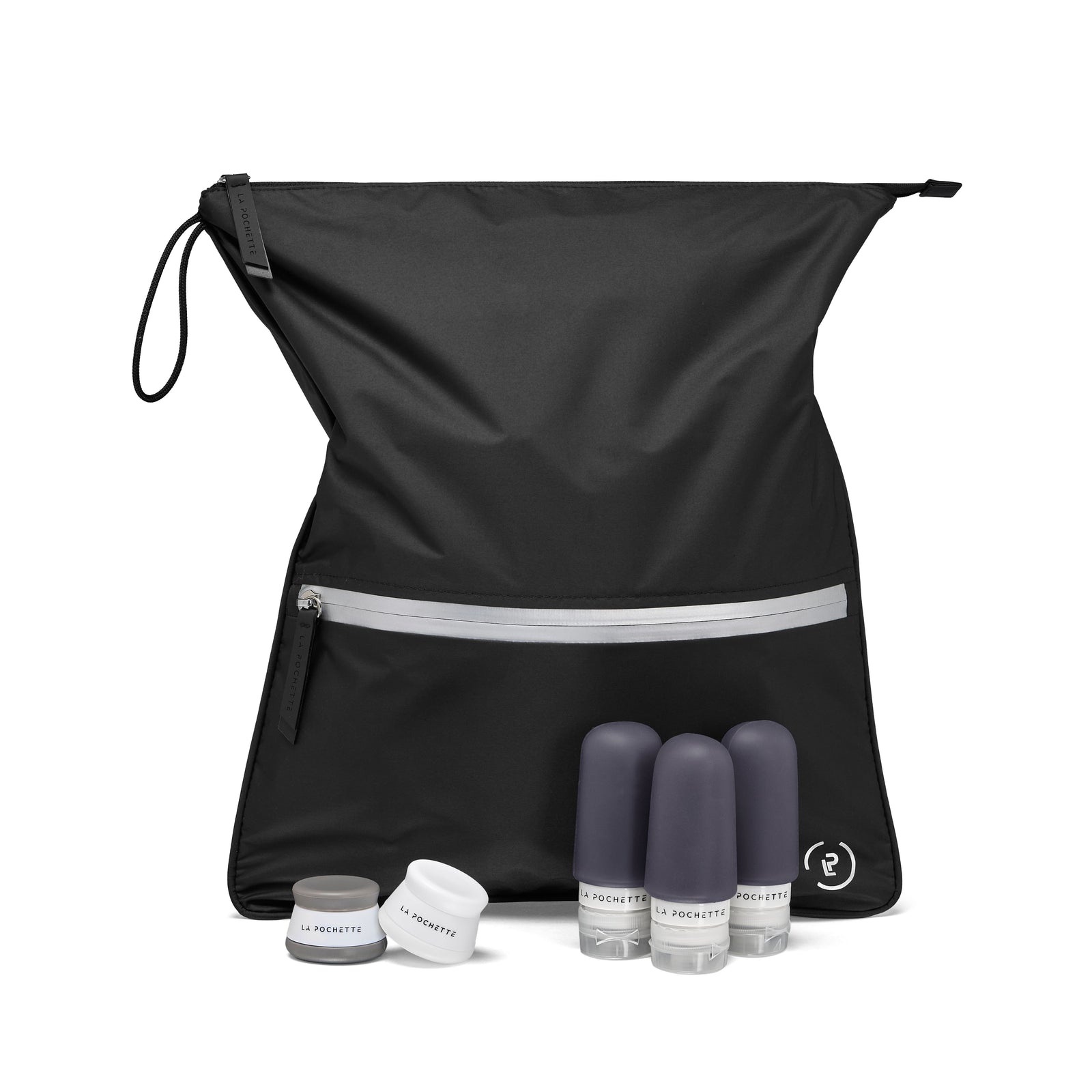 La Pochette travel bundle with black sweat bag with silver zip, trio of silicone bottles in dark blue and travel pots duo