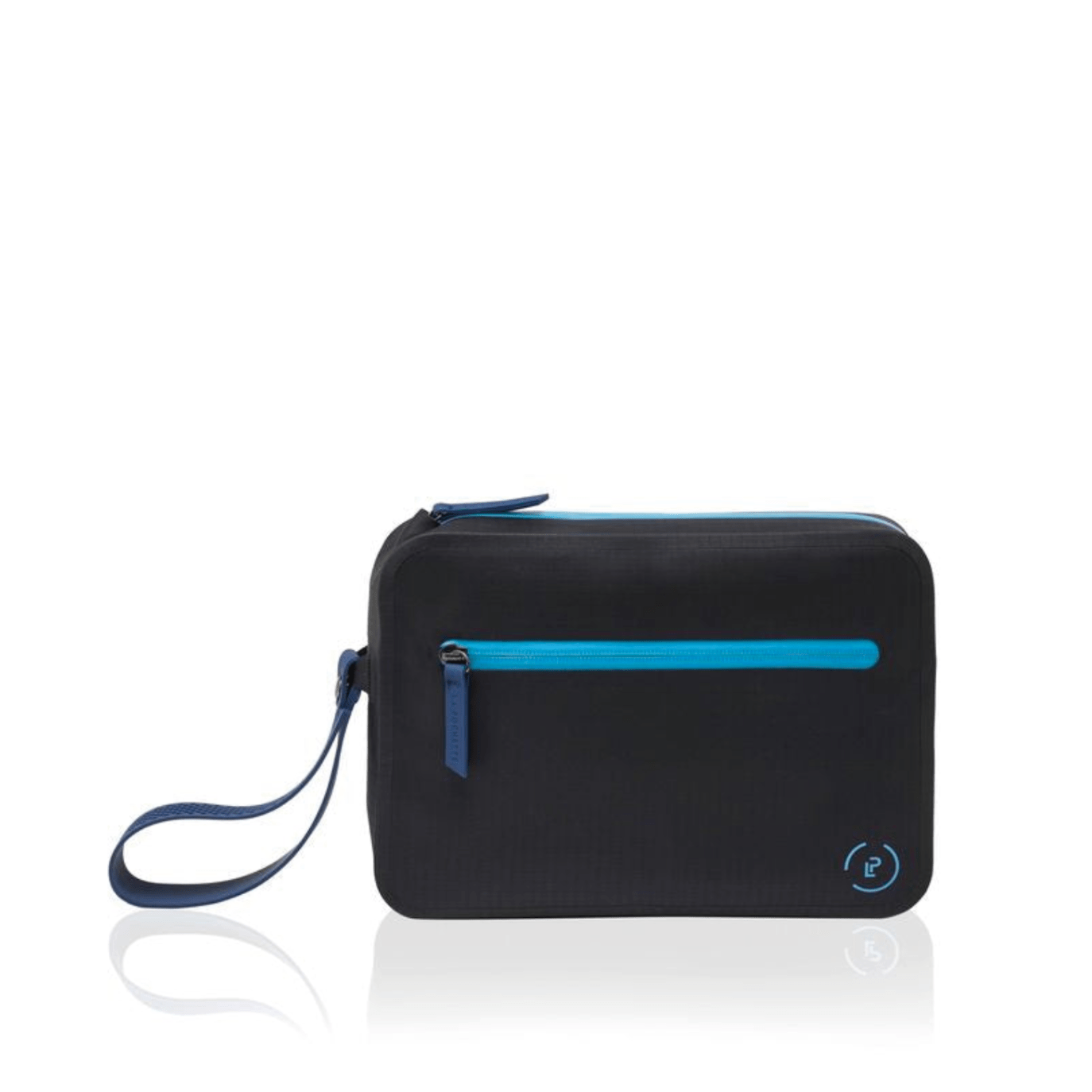 Black waterproof aqua bag with bright blue zips, logo and detachable wrist strap, compact modern design