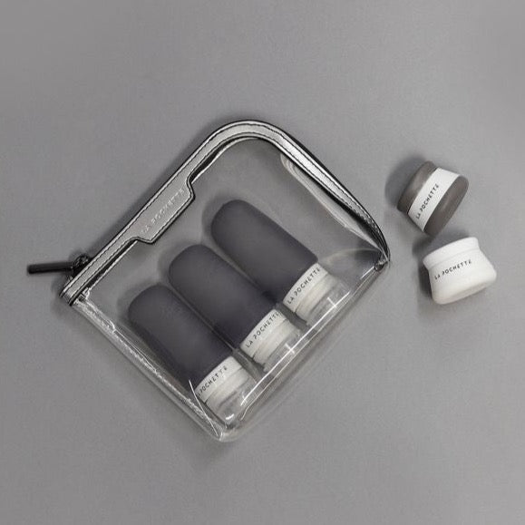 Silver and black small Anywhere Everywhere see through  pouch with La Pochette travel bottles and pots