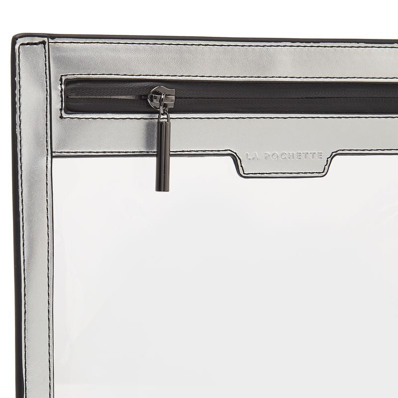 Silver and black Anywhere Everywhere see through Wallet showing detail of the zip and leather