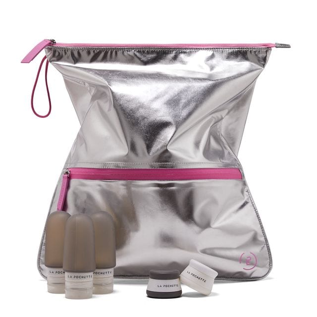 Silver and pink sweat bag with La Pochette travel bottles and pots
