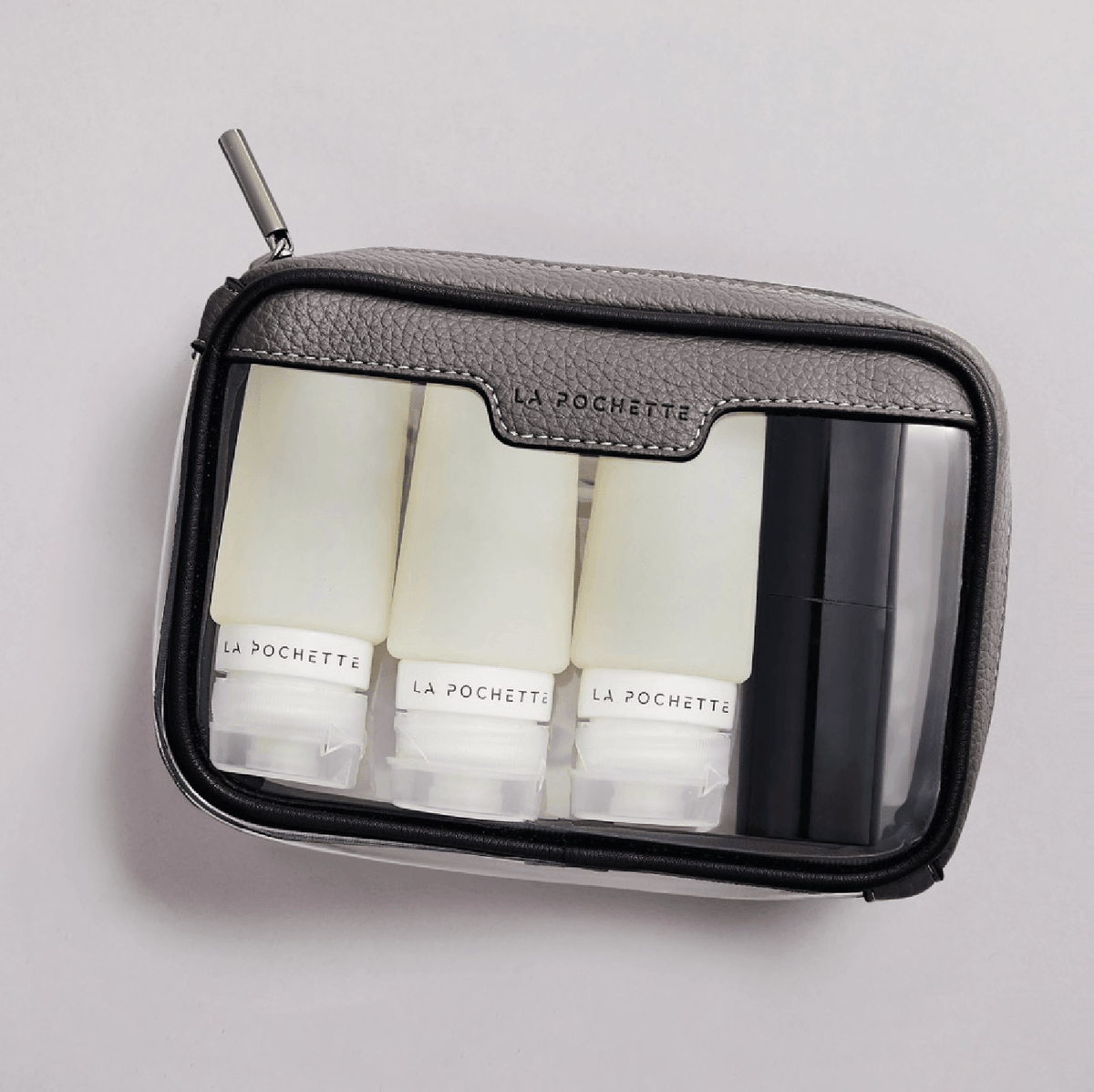 Anywhere Everywhere Box in Charcoal Ink colourway  La Pochette silicon travel bottles