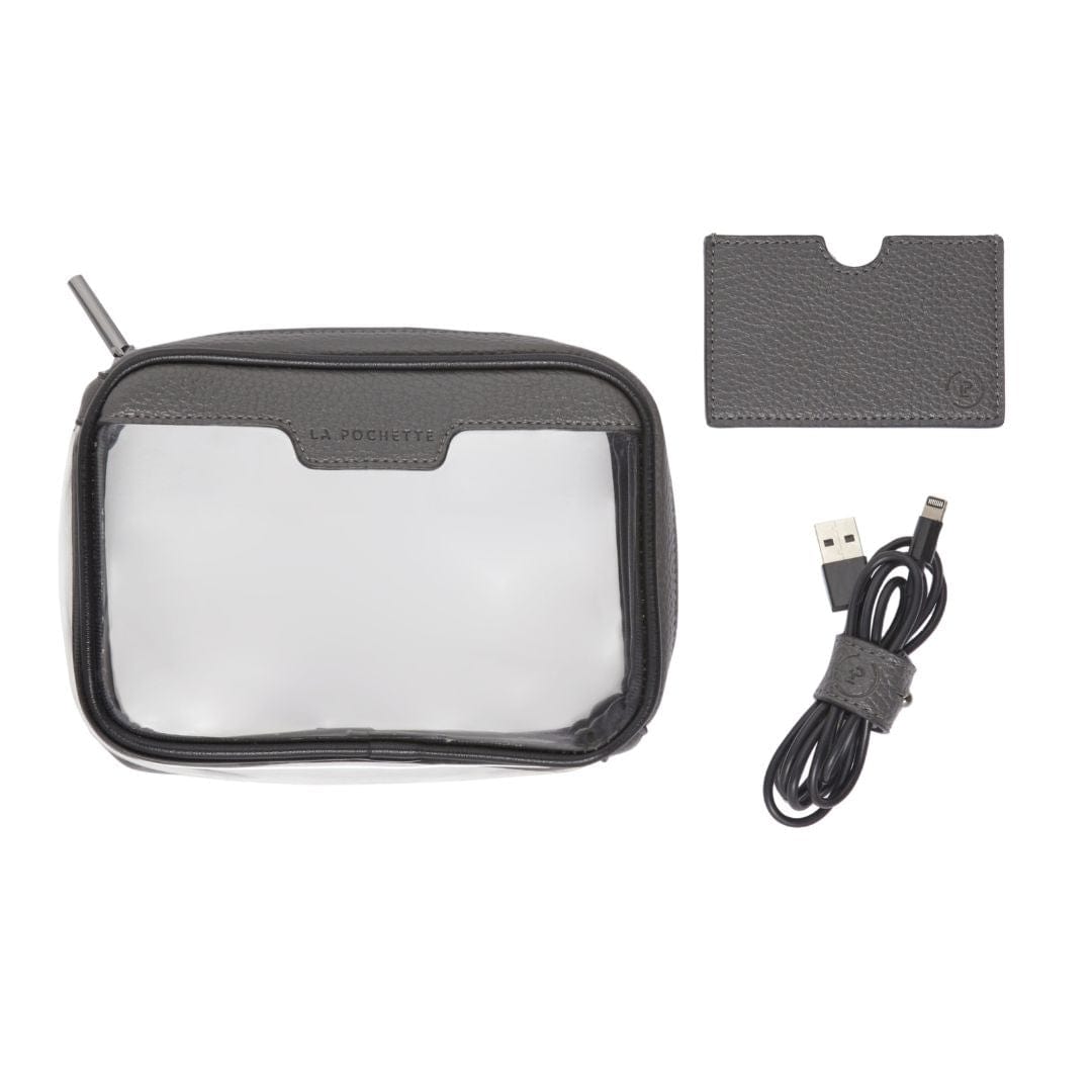 Commute Collection in Charcoal Ink colourway featuring Anywhere Everywhere Box, Card Wallet, and Cable Tidy