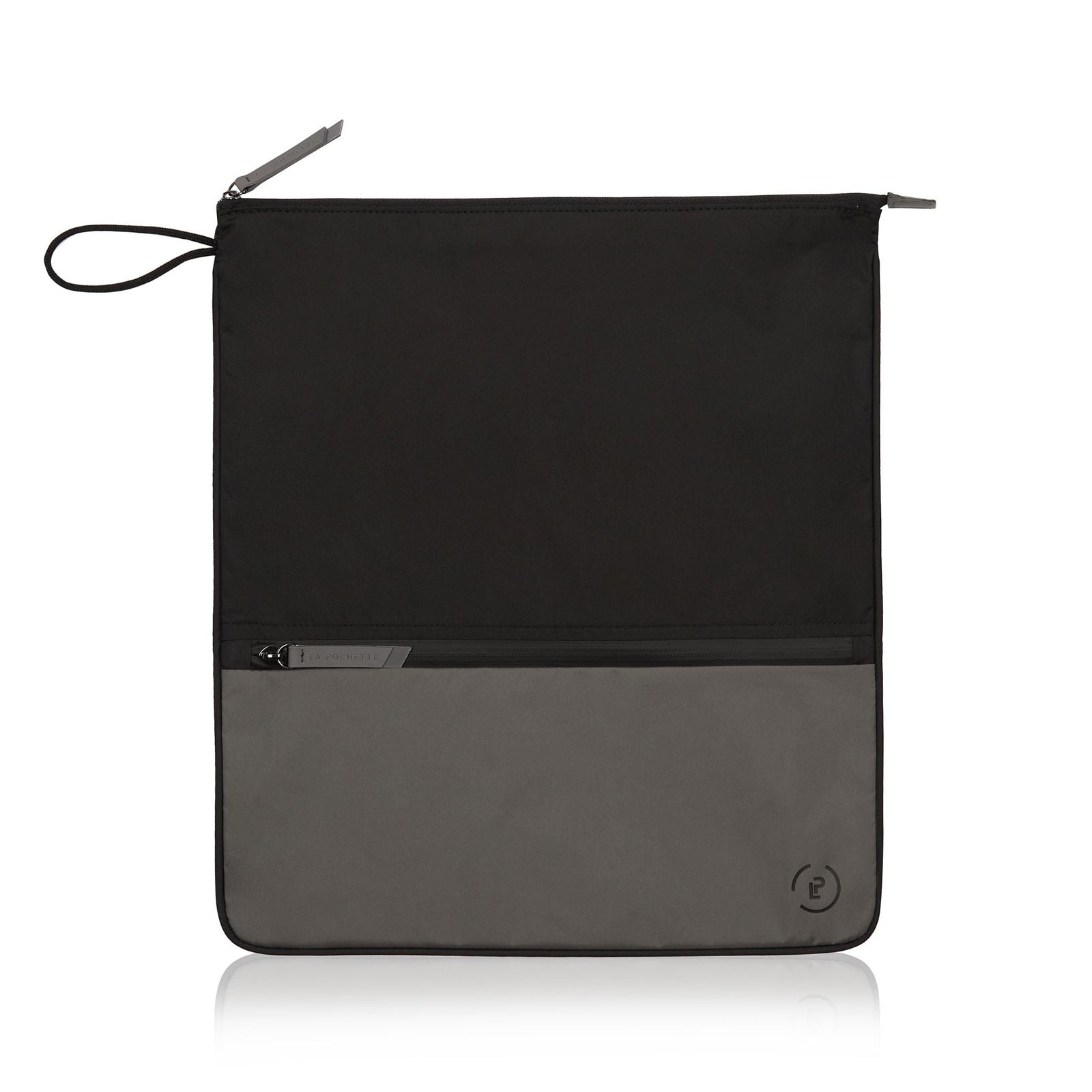 Ink Pewter Sweat Bag, shown flat with both pockets zipped