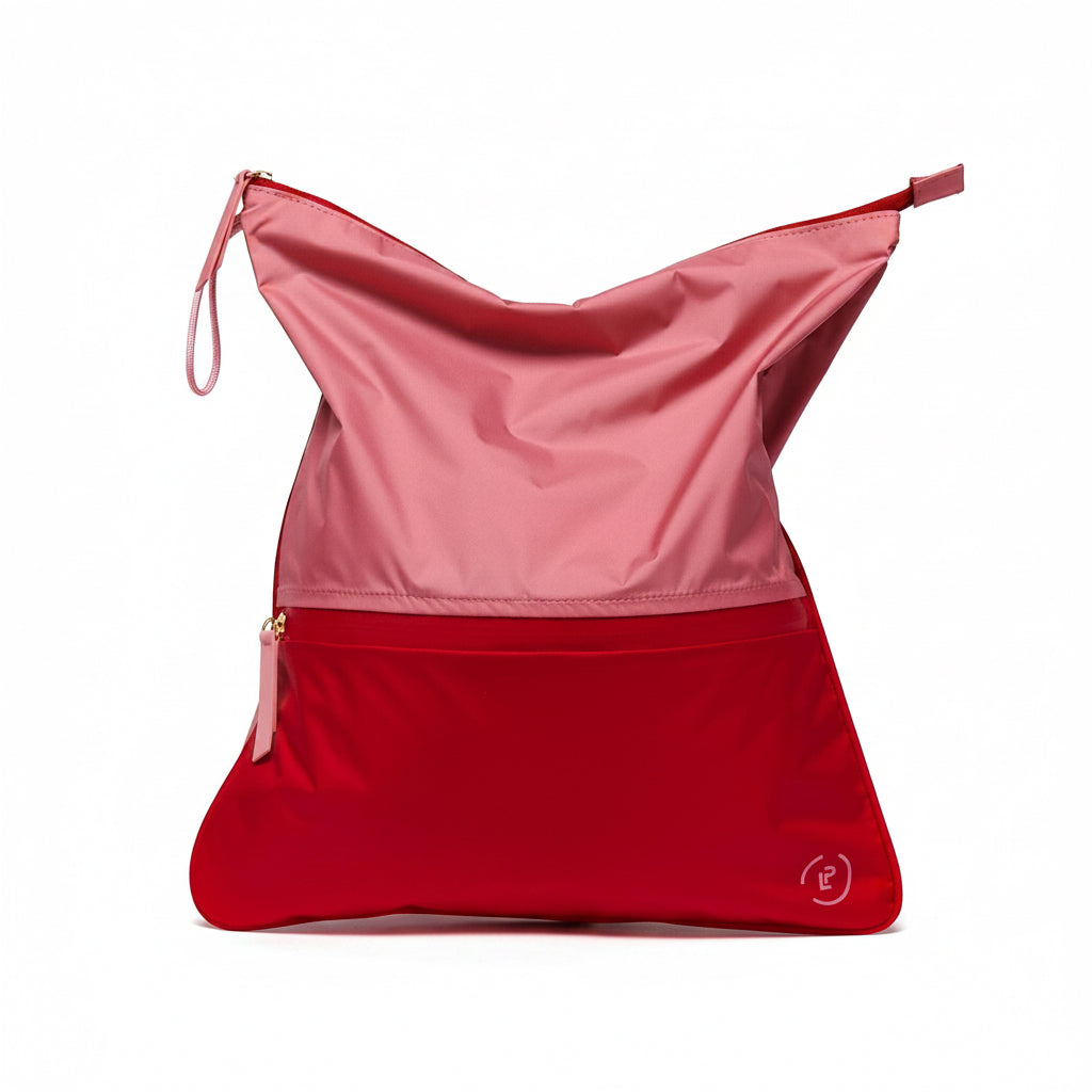 La Pochette antibacterial and washable sweat bag bundle in vivid pink and red. on white background.