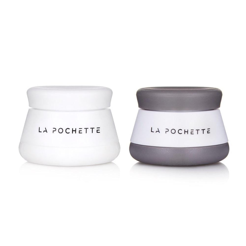 La Pochette travel pots duo in white and grey, leak-proof containers for travel toiletries or supplements