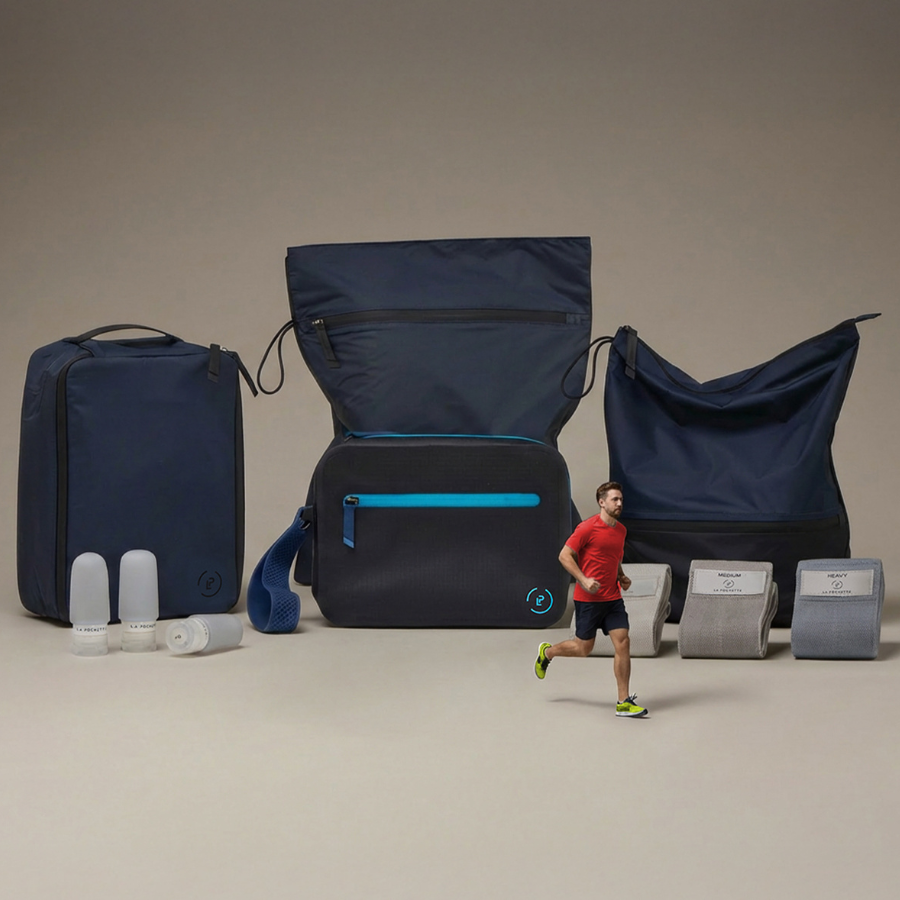 Midnight blue and black workout bags with runner
