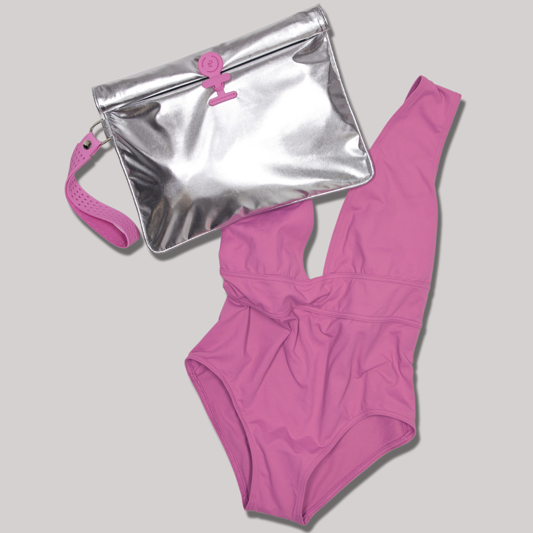 silver and pink large wet bag with pink swimsuit