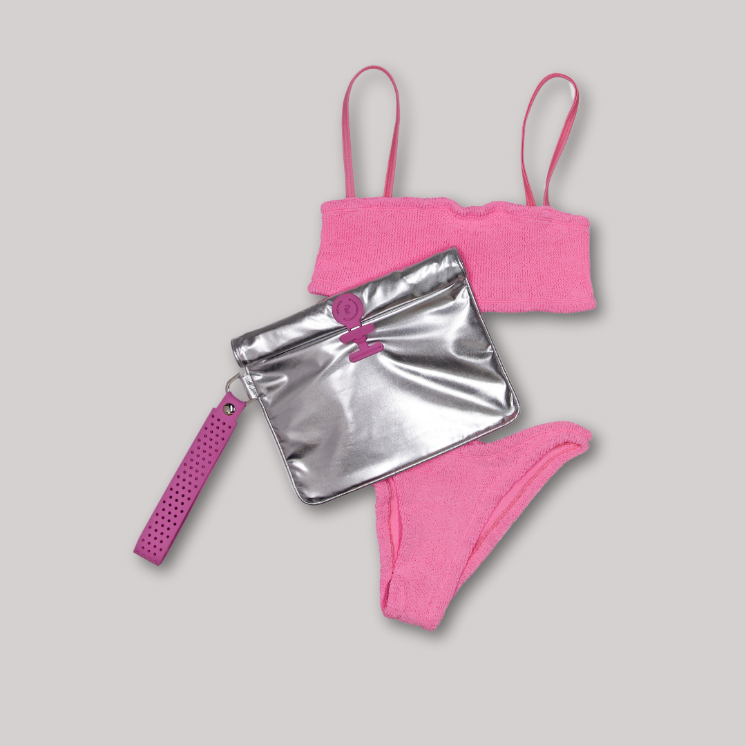 silver and pink small wet bag with pink bikini