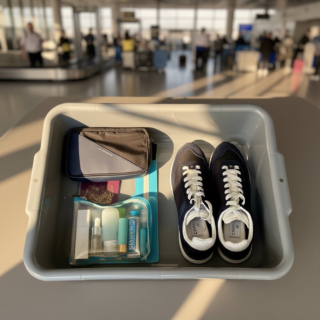 Airport security tray with La Pochette cabin approved small clear pouch filled with travel toiletries and wallet with Passport. also  in the tray is a pair of blue trainers. In airport security