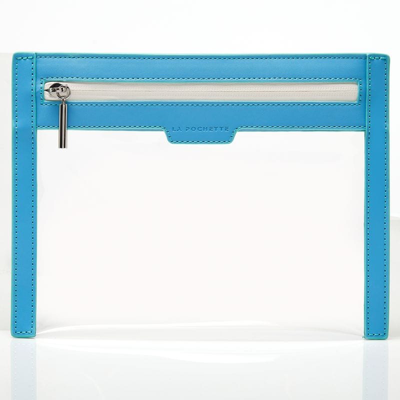 La Pochette clear travel wallet with turquoise trims and white zip
