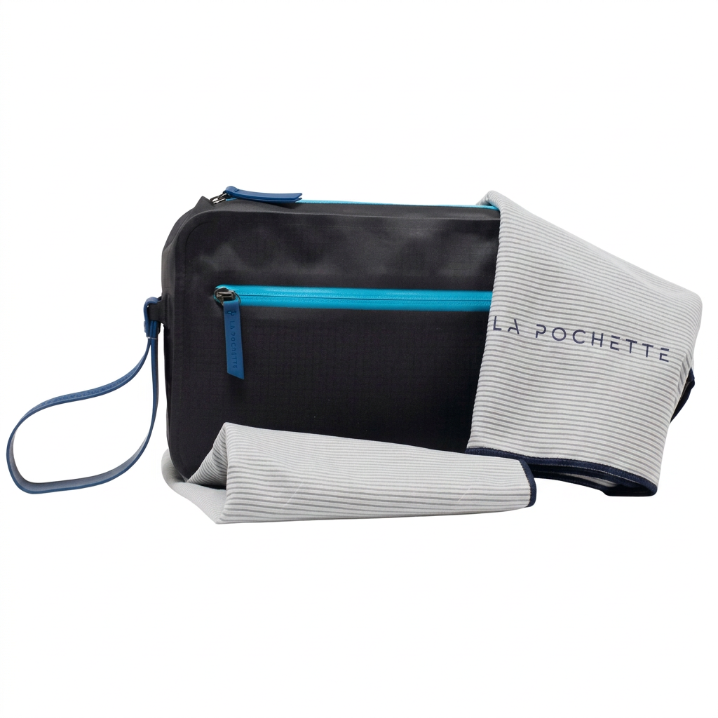 La Pochette waterproof Aqua Bag ib black with blue zips and detachable handle, with a grey microfibre towel with La Pochette embroidered on it in navy blue and navy blue woven edge. On a pure-white background