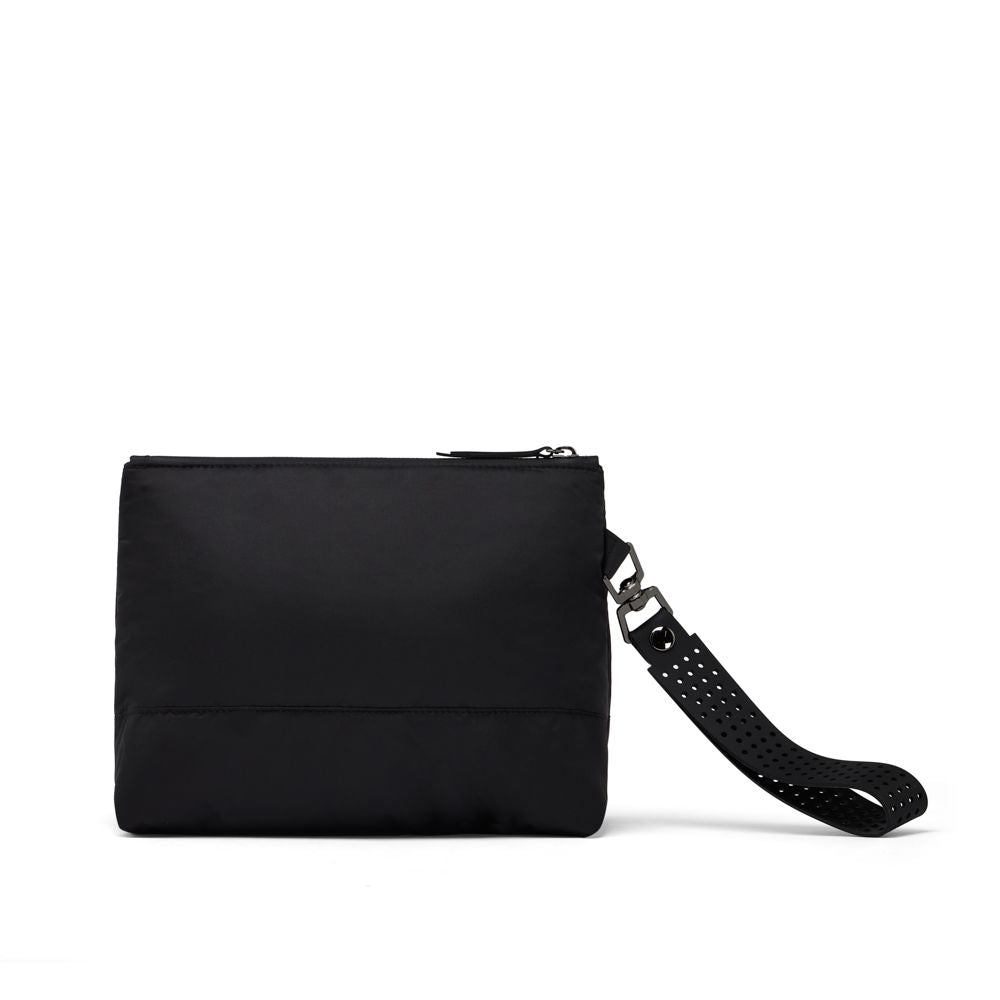 Black clutch bag with a strap on a white background