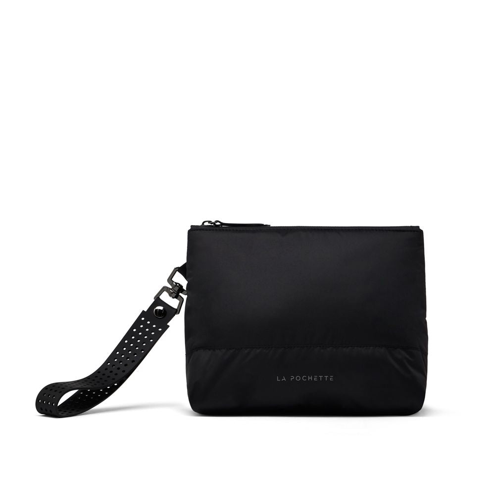 Black La Pochette versatile clutch with detachable strap on a white background