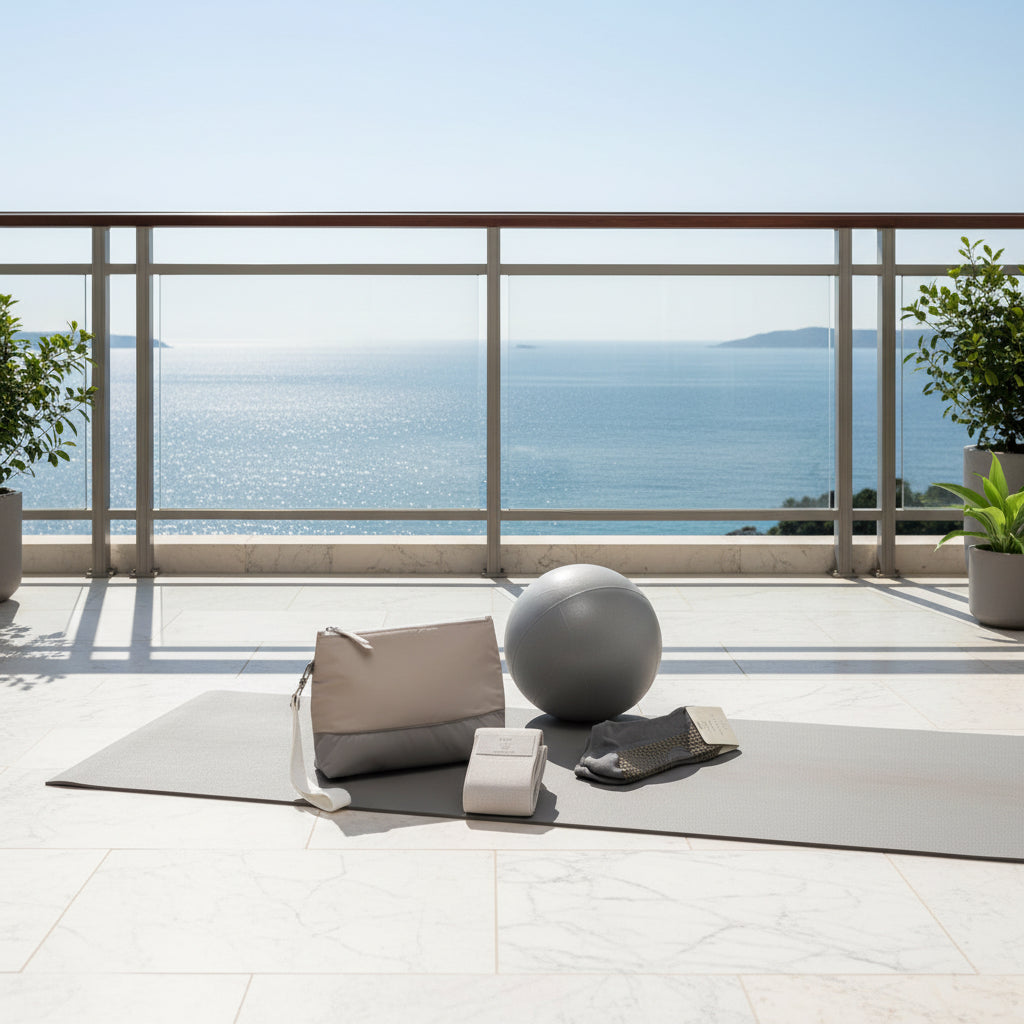 La Pochette grey and beige pouch on a Yoga mat with accessories on a balcony with ocean view
