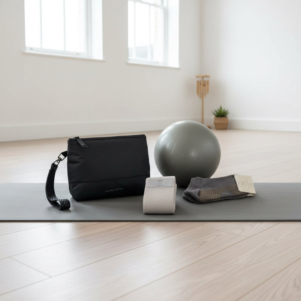 La Pochette black Everywhere pouch on a grey workout mat together with grey Pilates ball, resistance band, and grey grip socks. In a workout studio.
