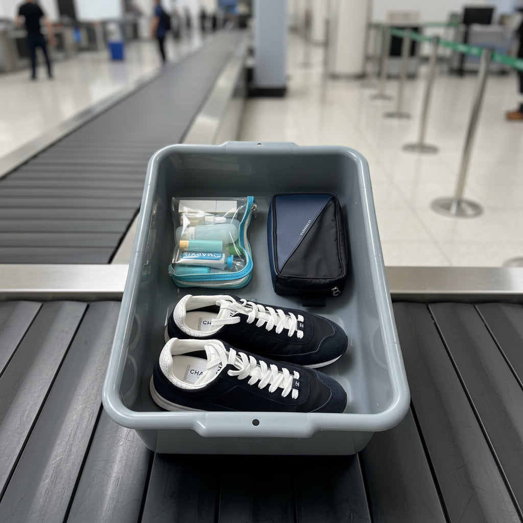 black and navy Convertible Belt Bag shown in an airport security tray with shoes and La Pochette clear pouch, showing the compact size