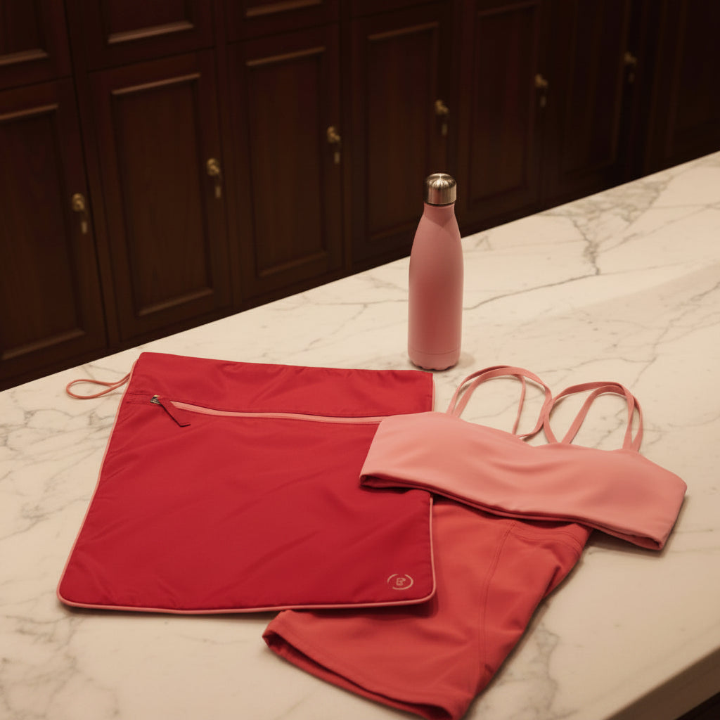 A waterproof bright red La Pochette kit bag with peony pink trims. Shown in a gym changing room on a light grey marble top, with a pink workout bra and shorts, and pink water bottle. 