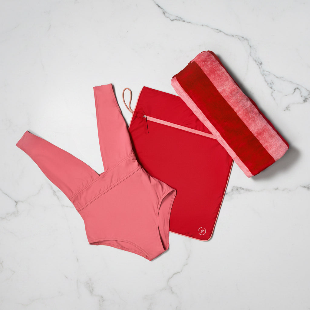 A waterproof bright red La Pochette kit bag with peony pink trims. Shown on a light grey marble top, with a pink swimsuit and bright red and pink rolled up towel.