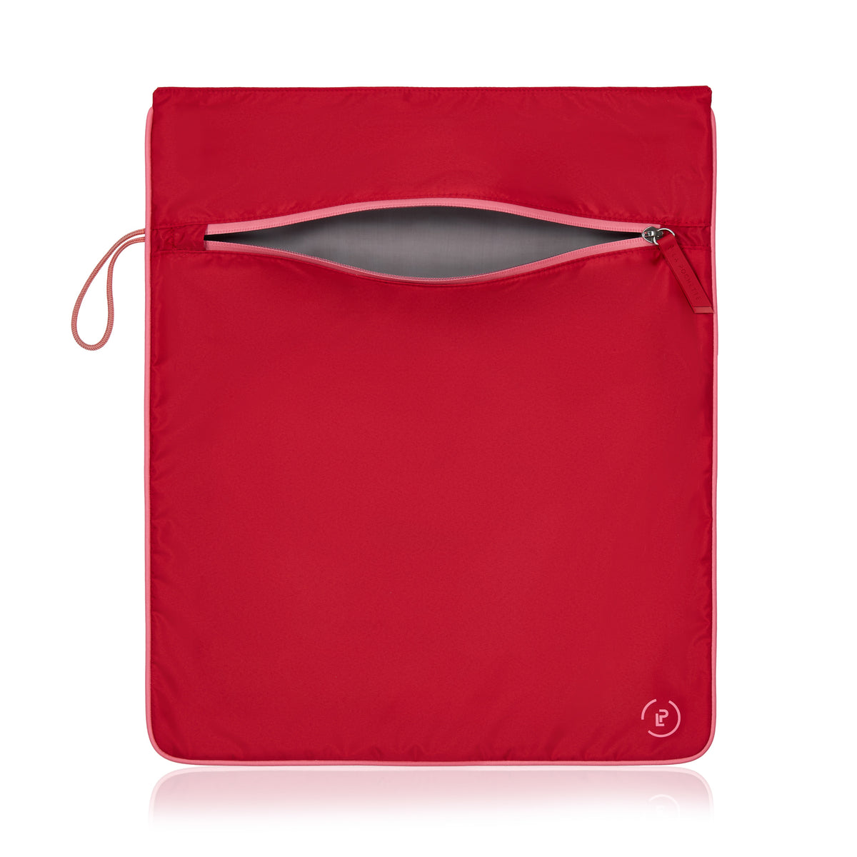 A waterproof bright red La Pochette kit bag with peony pink trims. Shown open to show waterproof lining. On a white background.