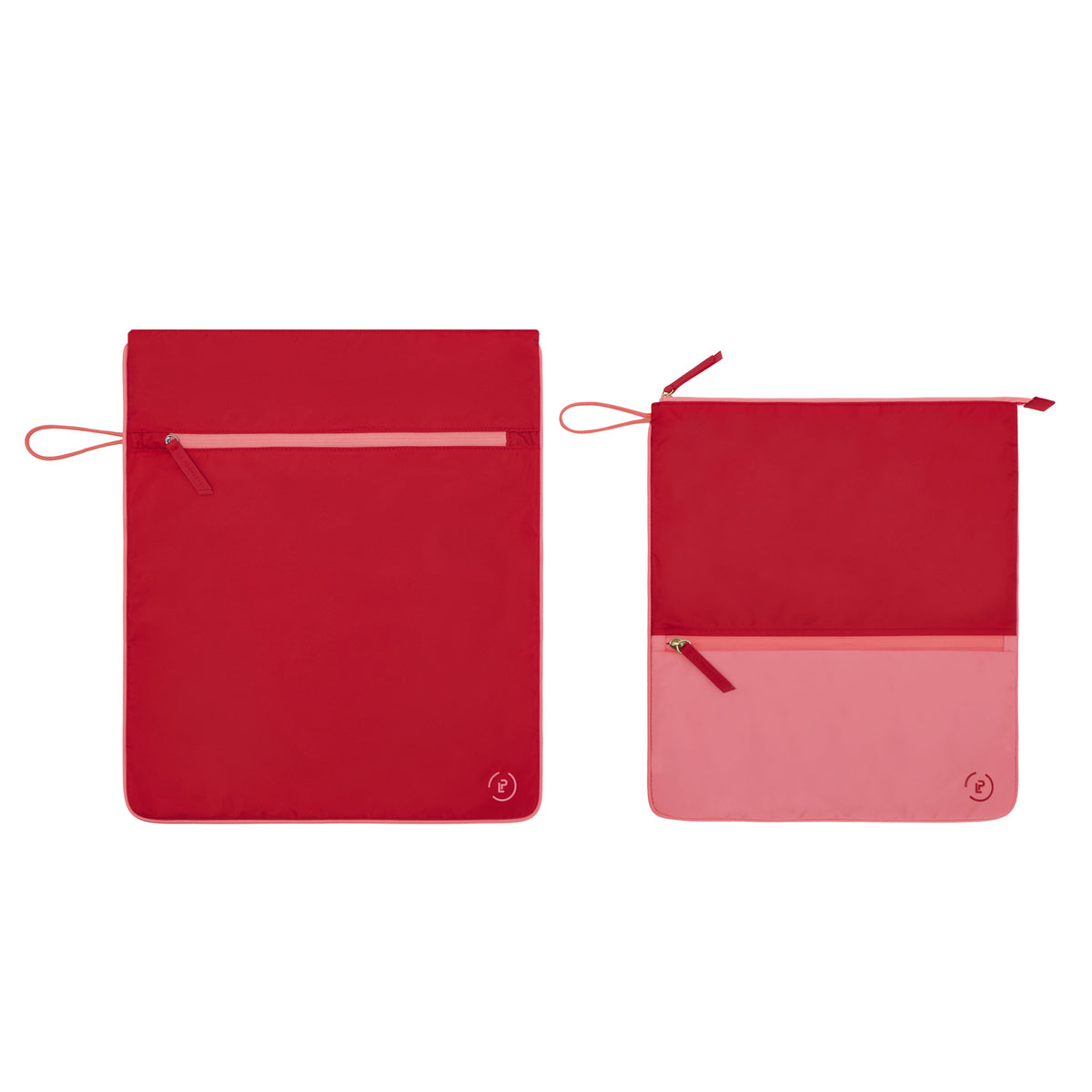A La Pochette waterproof Kit Bag shown next to  a La Pochette antimicrobial sweat bag.  Both in bright red and peony pink. On a white background