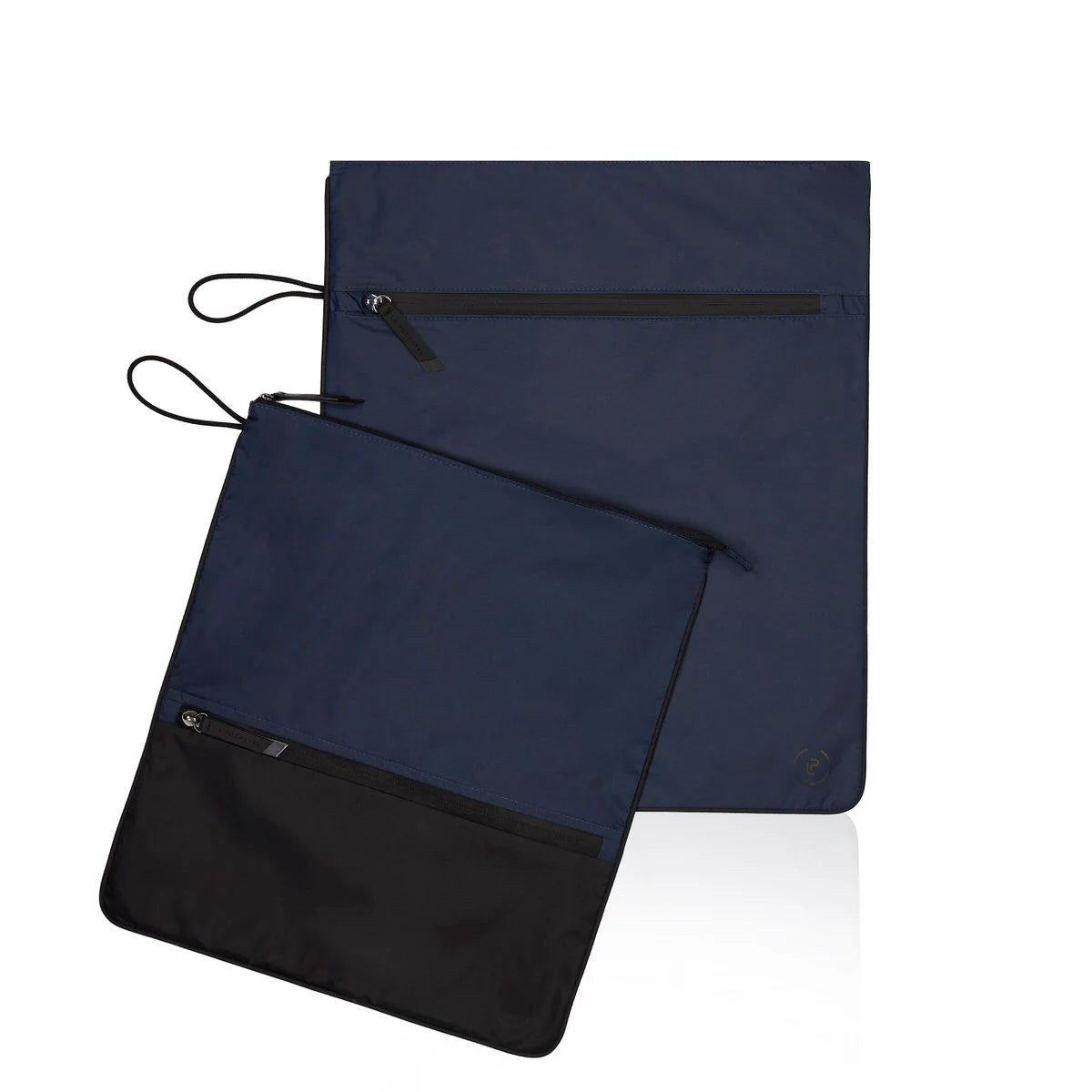 Navy Kit Bag with smaller black and navy Sweat Bag layered in front, featuring water-resistant and deodorising fabric, zip closures and side loops