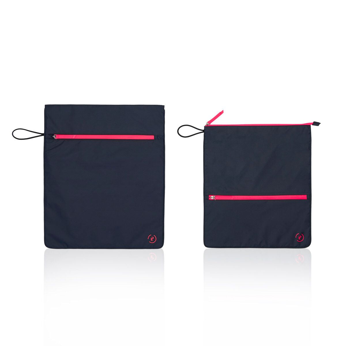 Navy and pink Kit Bag and smaller Sweat Bag side by side, showing the size comparison 