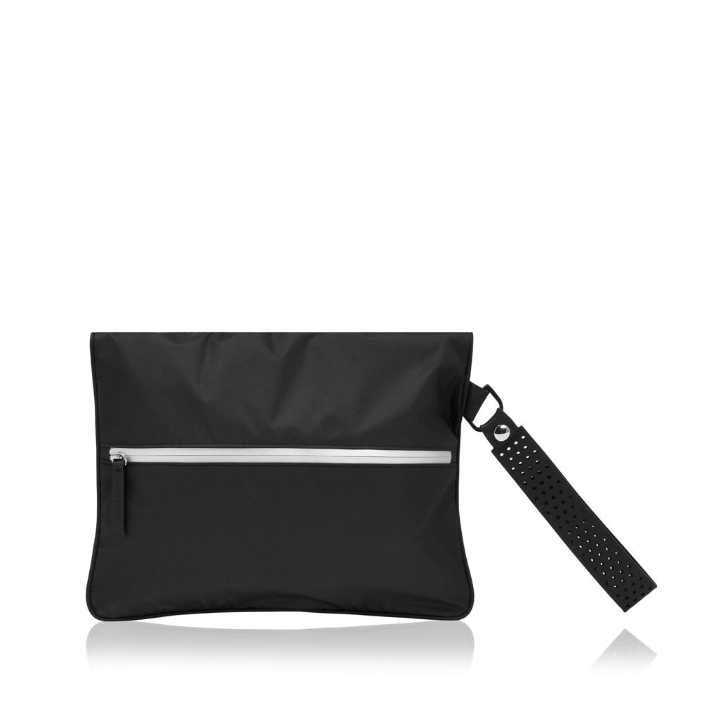 Back view of Large Wet Bag in black showing the silver back zip pocket and detachable wrist strap