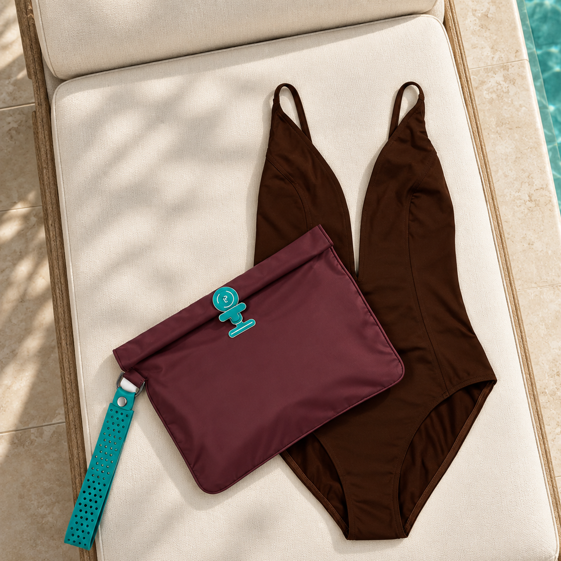 A dark brown one-piece swimsuit displayed  with a burgundy Waterproof La Pochette Wet bag  with  a silicone teal fastener and wrist strap. On a lounger next to an indoor pool.