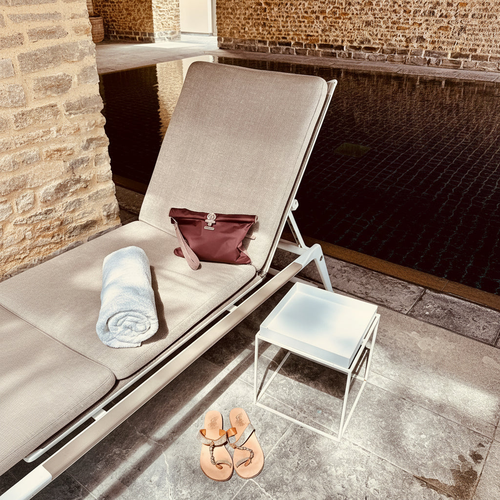 La Pochette waterproof wet bag in burgundy and rose pink trims on a lounger in a beautiful spa