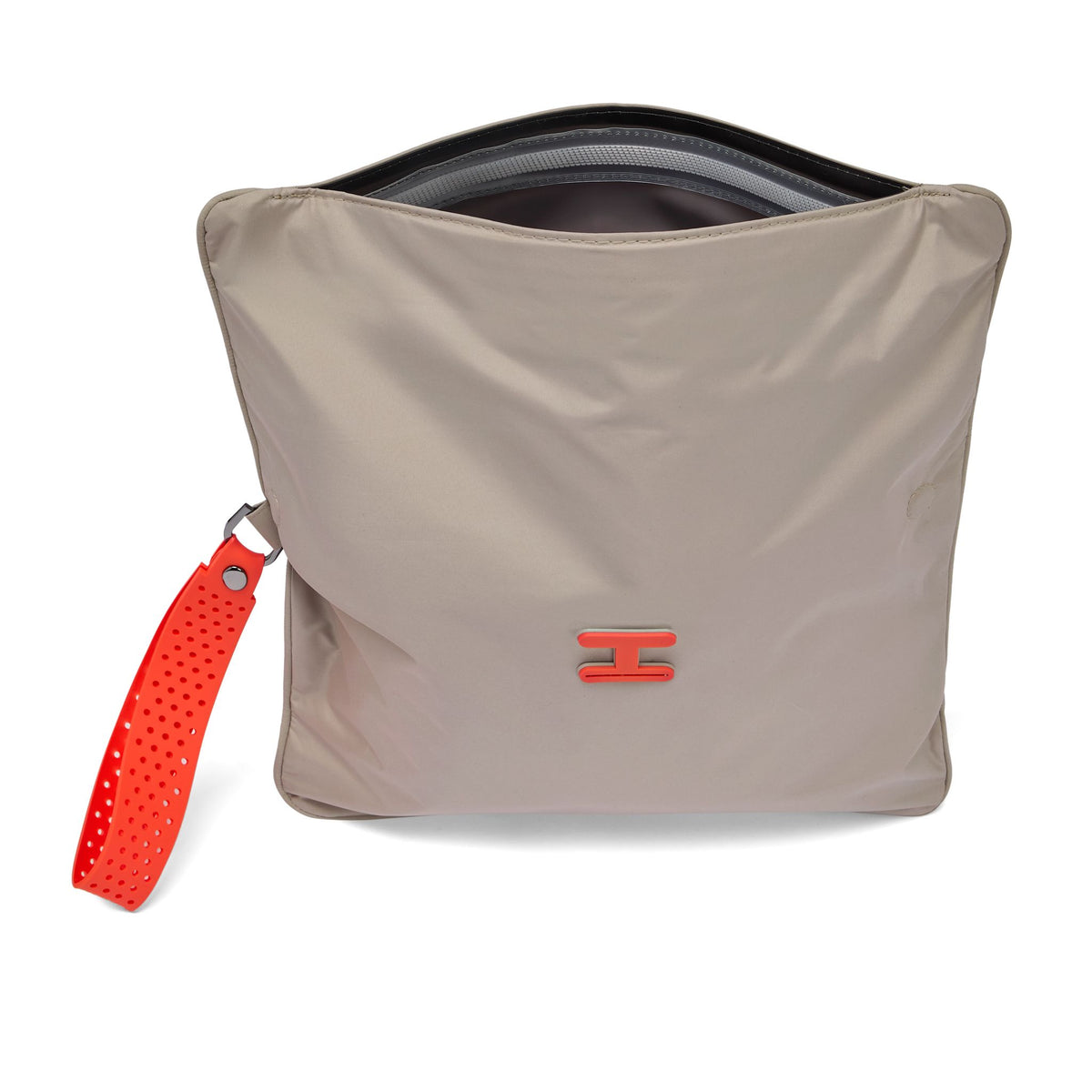 La Pochette Large Waterproof Wet bag in taupe with red trims, shown open.