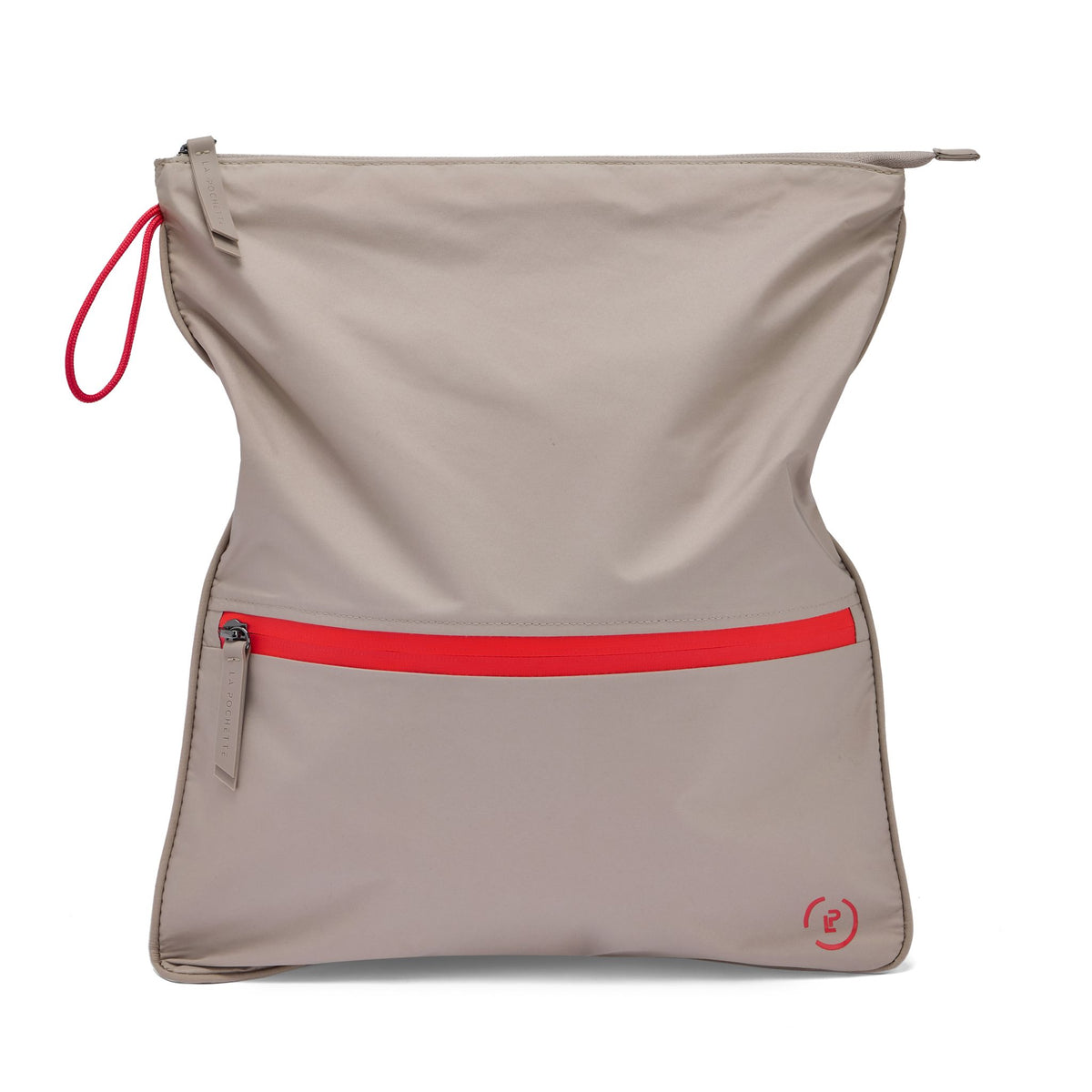 La Pochette Sweat Bag in taupe with red trims - Lightweight washable bag designed to carry  workout kit in your everyday bag
