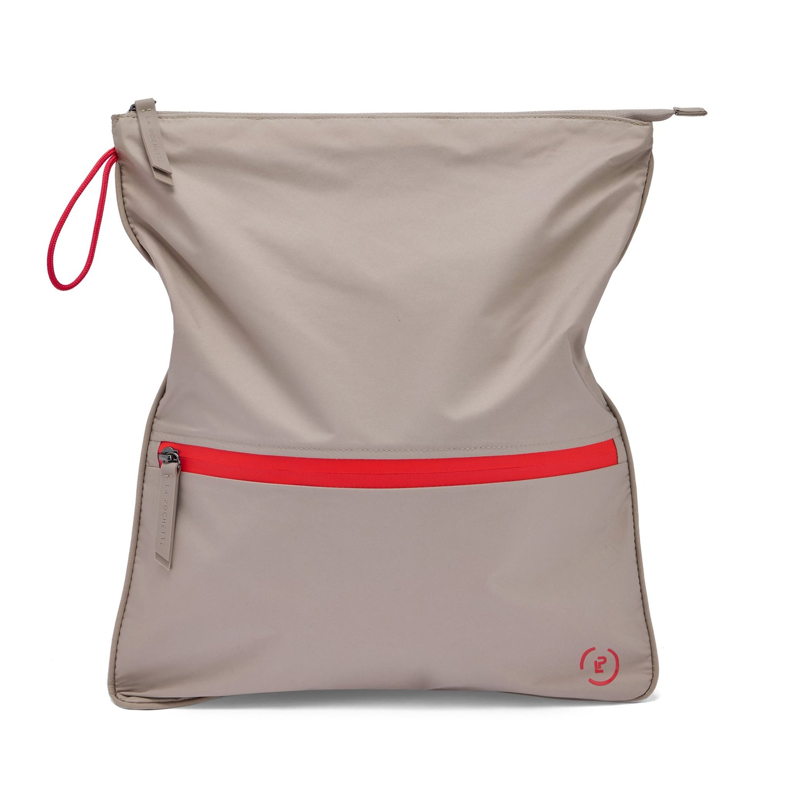 La Pochette Sweat Bag in taupe with red trims - Lightweight washable bag designed to carry  workout kit in your everyday bag
