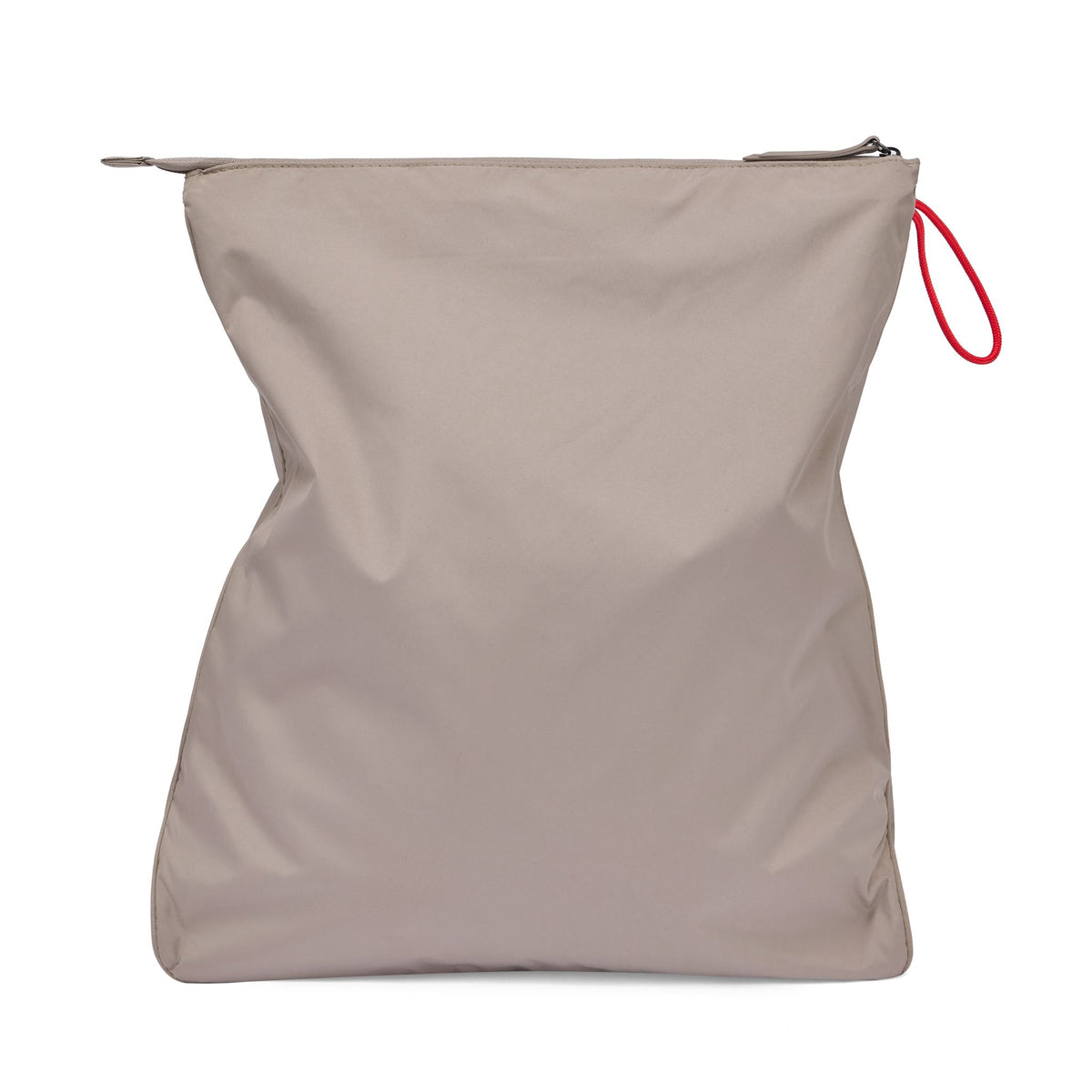 Back View of the taupe La Pochette Sweat bag with with red trims showing side loop for hanging in gym lockers and showers 