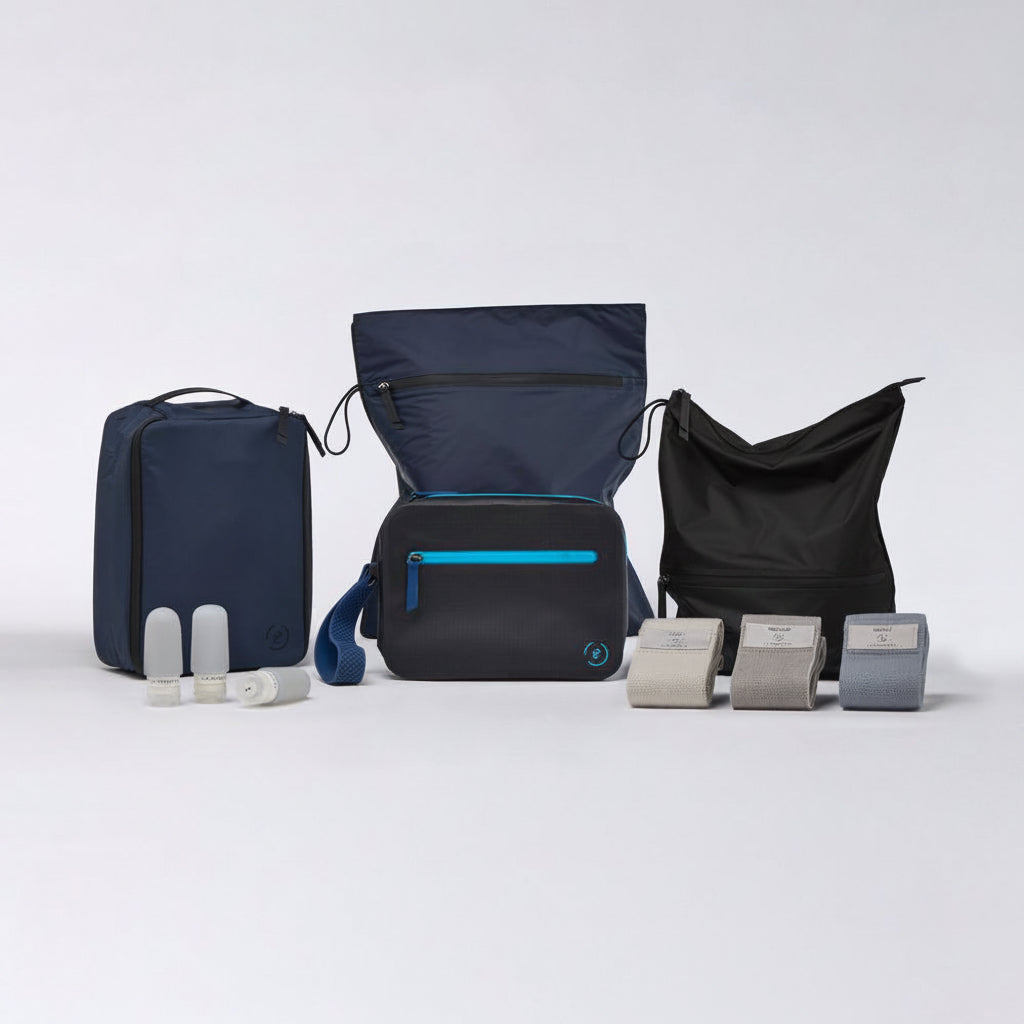 La Pochette mens collection including an - Anti-microbial Sweat Bag
- Waterproof Kit Bag and Aqua Bag
- Deodorising Shoe Bag
- Resistance Bands
All in navy and black on a white background.