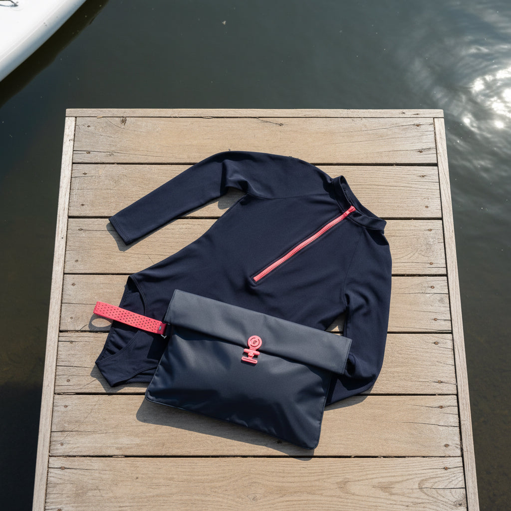 Navy and Neon Pink rash guard with matching La Pochette waterproof Maxi Wet Bag on a jetty next to a lake 