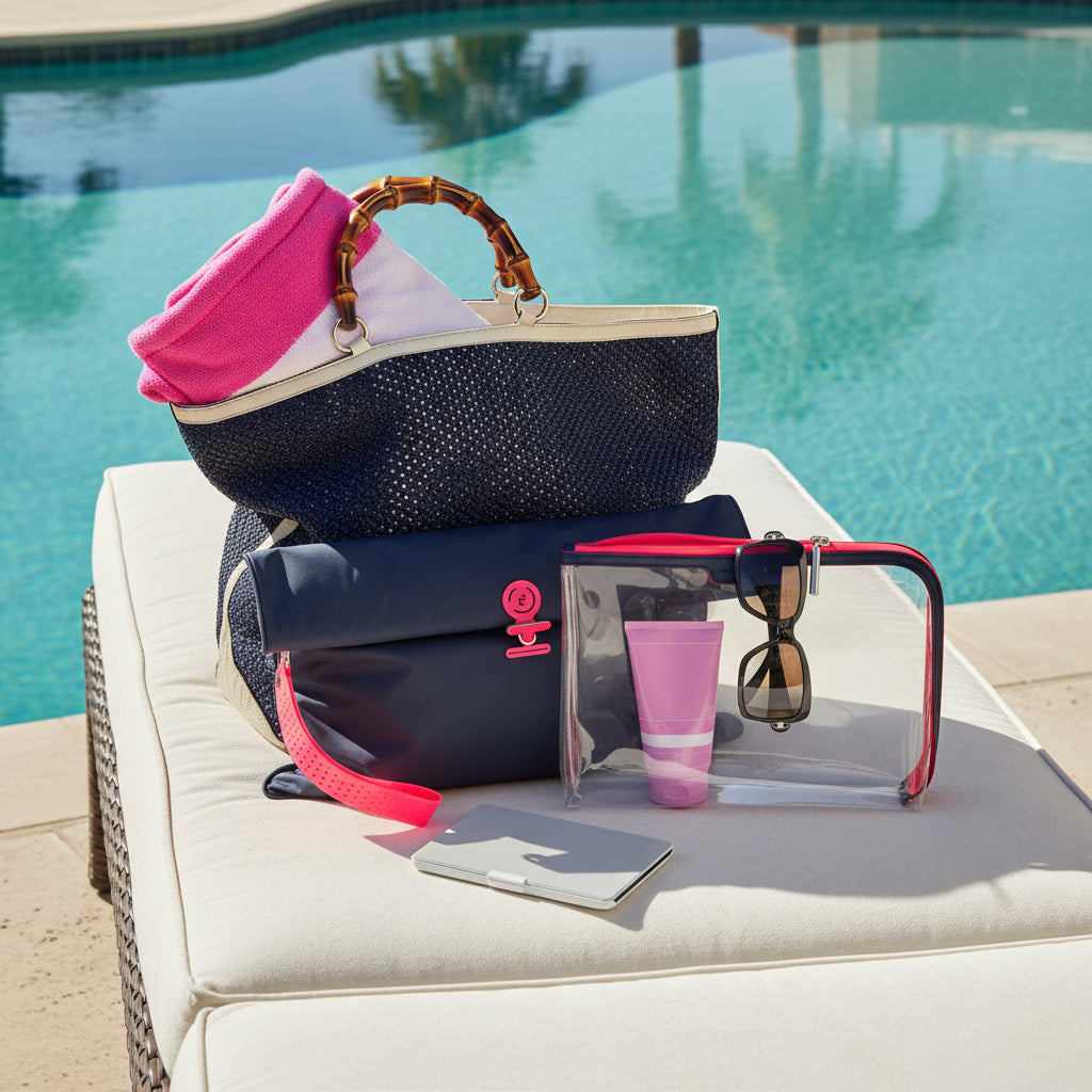 La Pochette waterproof wet bag and large clear pouch in navy with neon pink trims. Sat on a sun lounger next to a navy tote in front a pool. Sunglasses, sun cream, towel, and Kindle are also in the photo. 