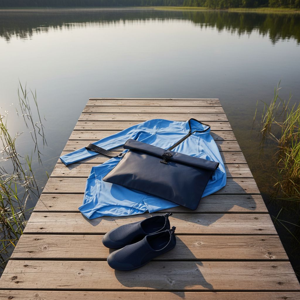 Blue rash swimsuit with navy and black la pochette waterproof Maxi wet bag on a jetty with swimsuit shoes next to a lake. 