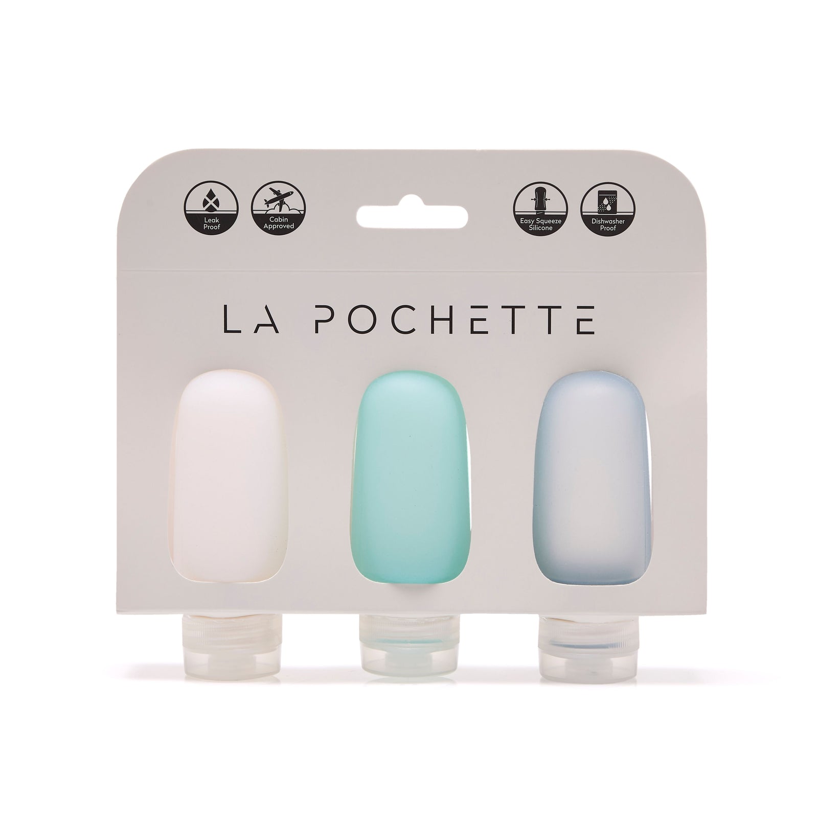 Travel Bottles in  Turquoise, Blue and white in packaging