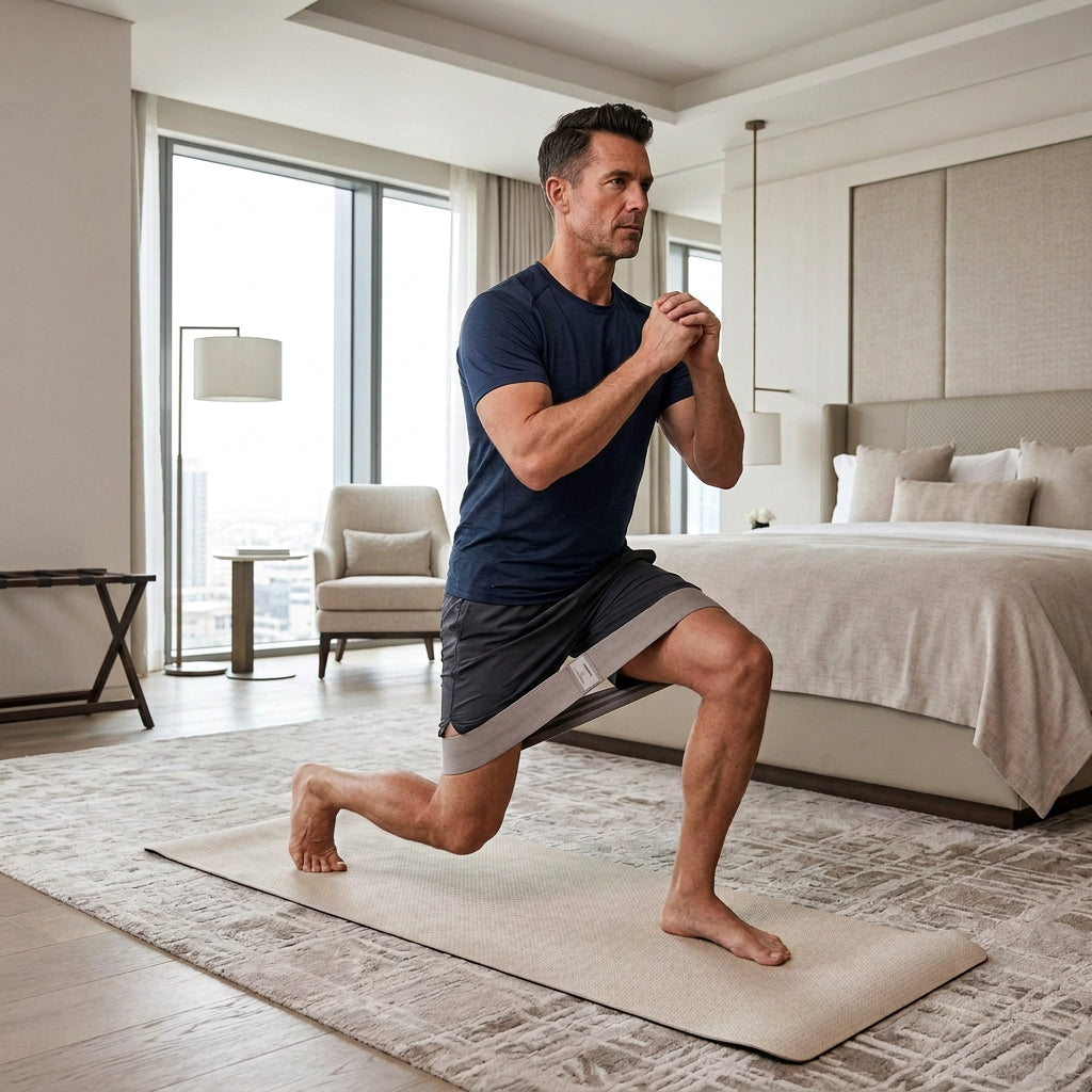 man performing a deep lunge with La Pochette resistance band around thighs. He is on a la pochette yoga mat in a hotel suite.