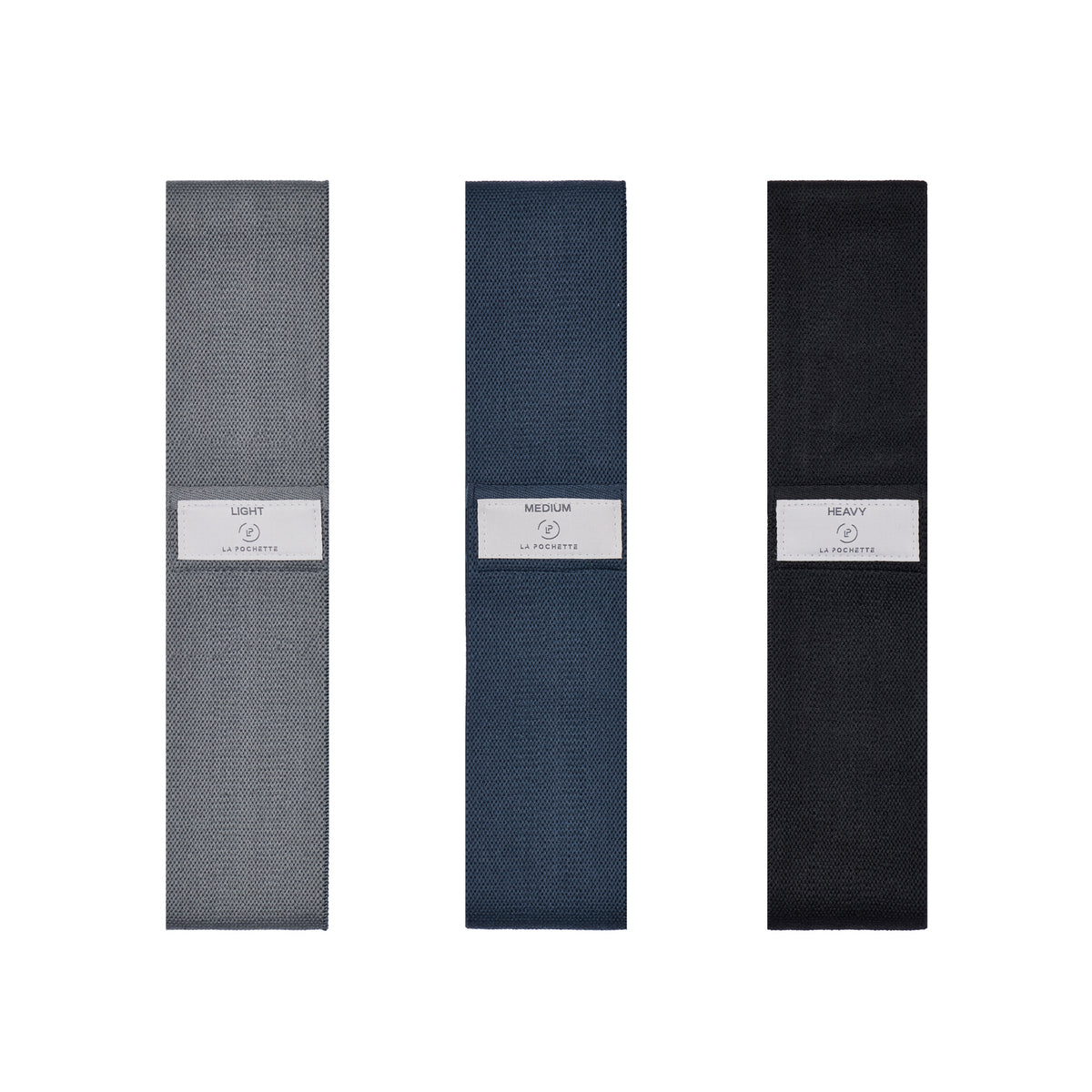 La Pochette resistance bands set of three in grey, navy and black correlating to light, medium and heavy strength