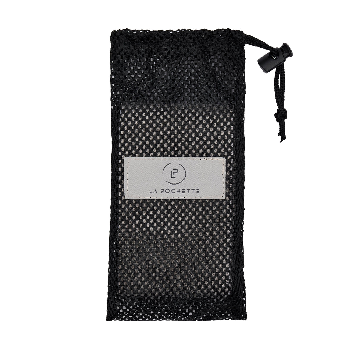 Black mesh pouch with a drawstring and 'La Pochette' label on a white background. Resistance band inside